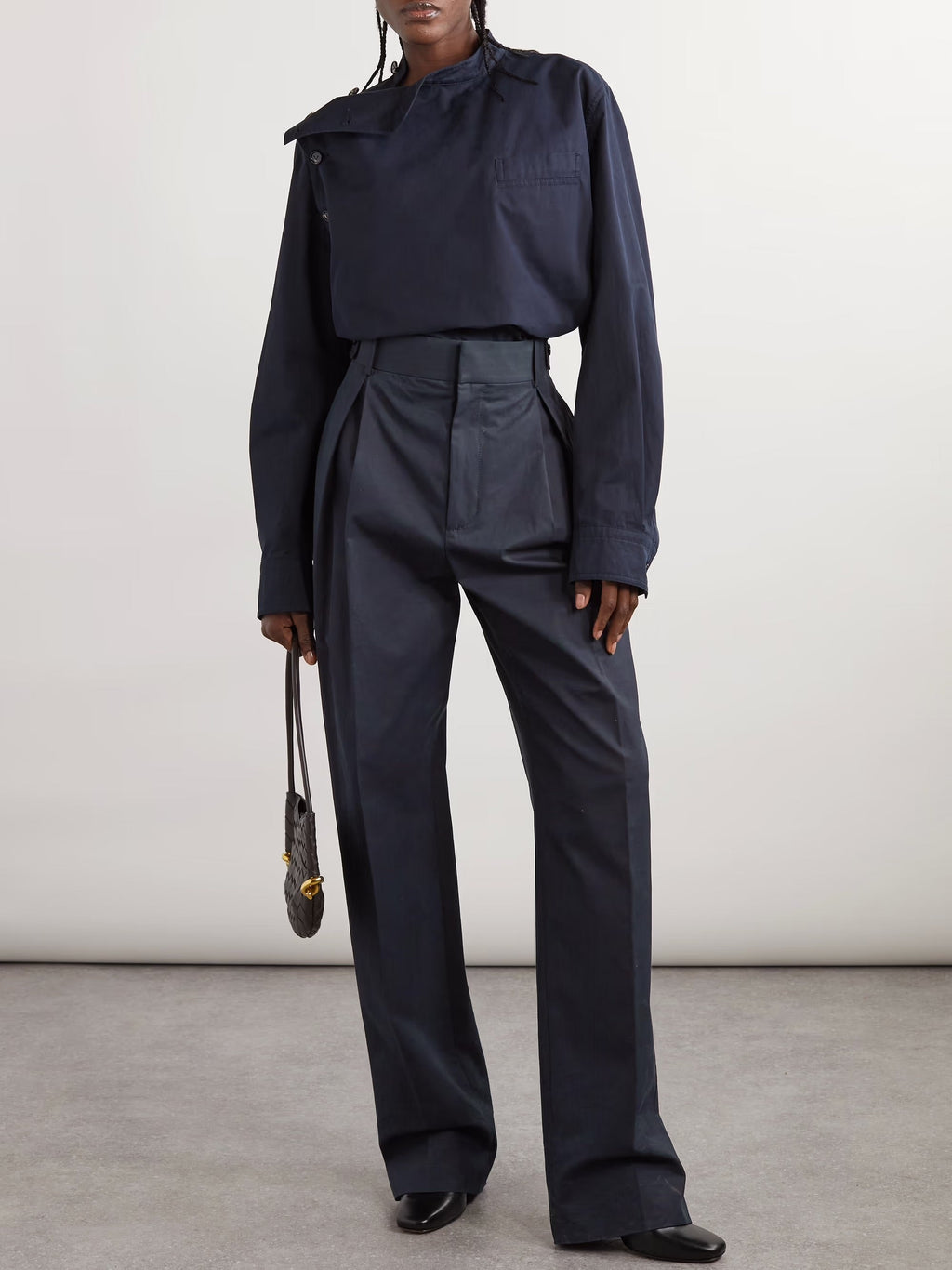 Pleated cotton-twill wide-leg pants - Charcoal