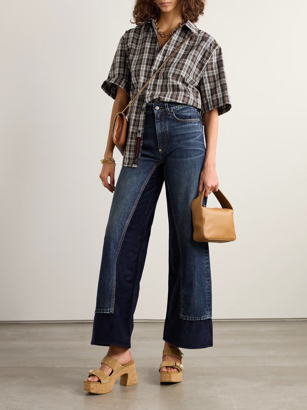 Corduroy trimmed high-rise wide-leg jeans - Navy
