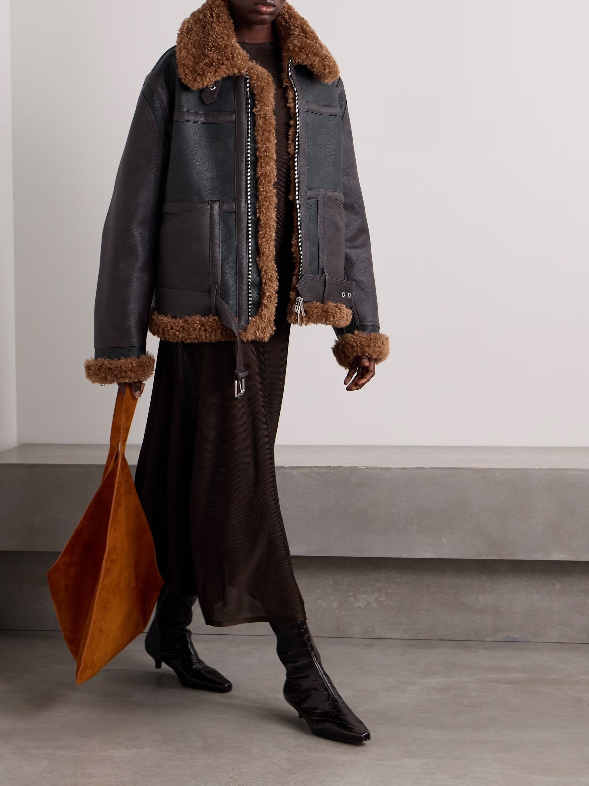 Oversized faux shearling-trimmed two-tone vegan leather jacket - Black