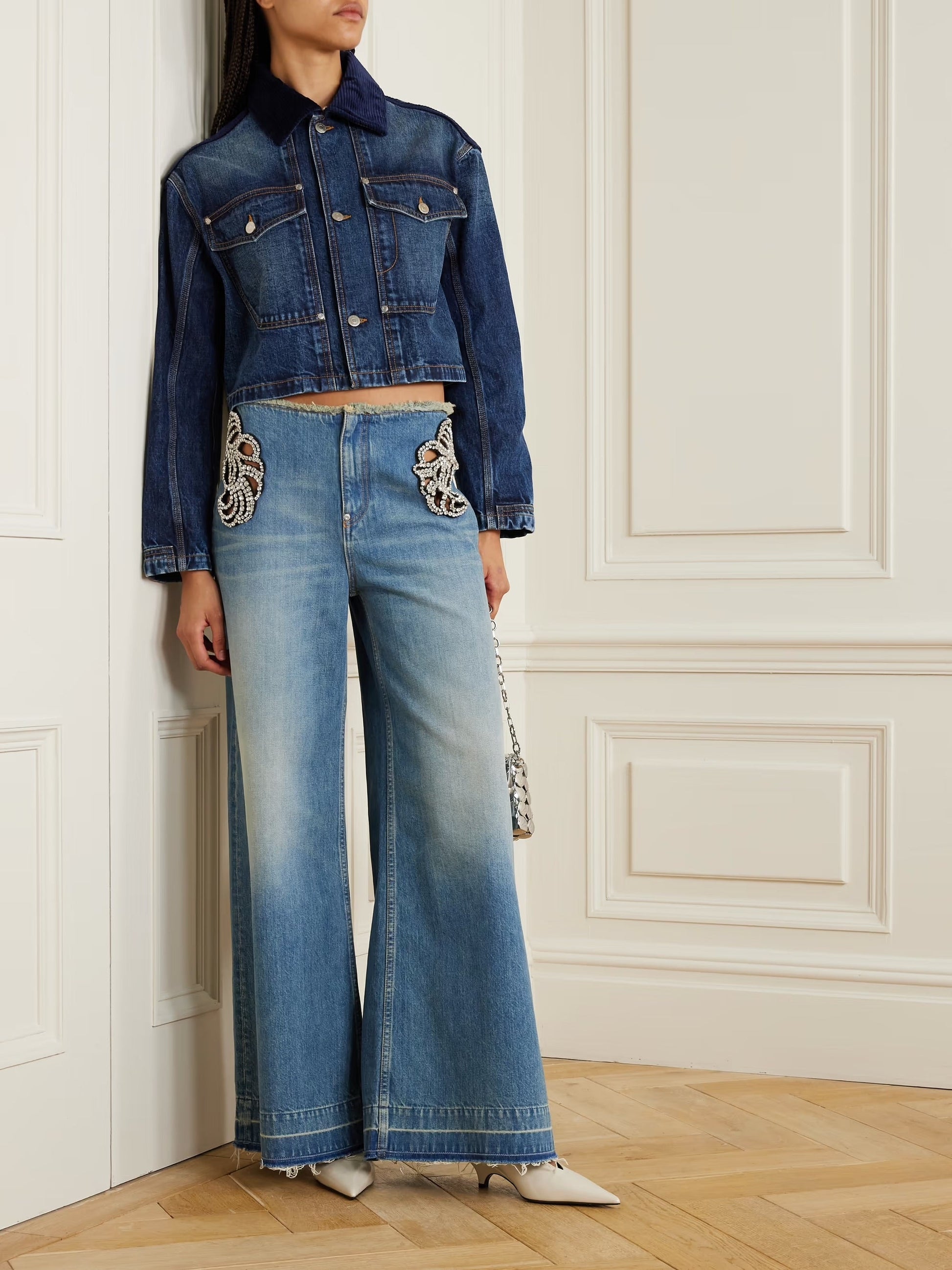 Cropped corduroy-trimmed denim jacket - Blue