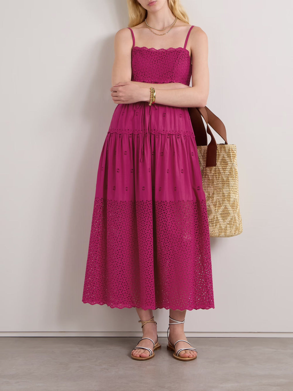 Isadore broderie anglaise cotton-voile midi dress - Magenta