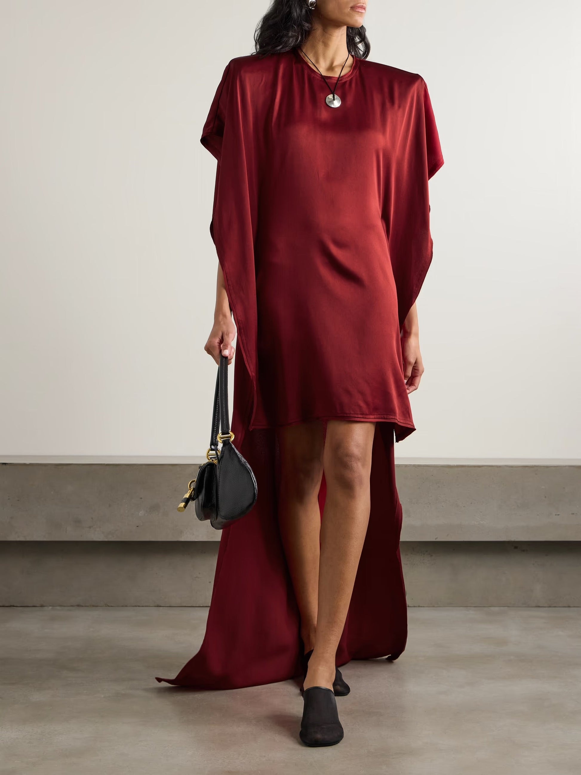 Asymmetric draped cape-effect satin mini dress - Red