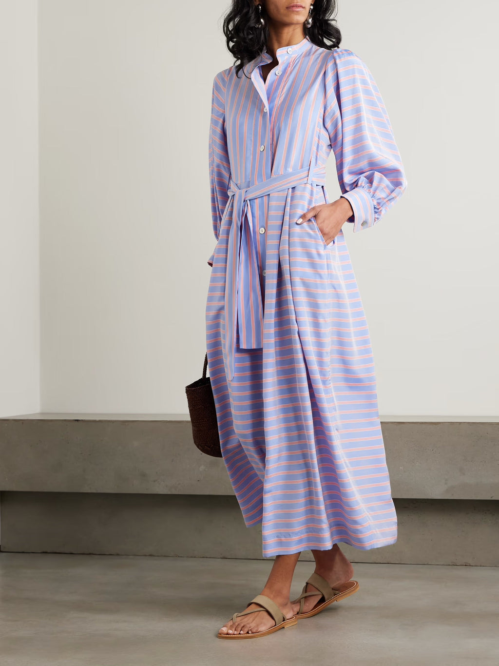 The Yvonne belted striped silk maxi shirt dress - Purple