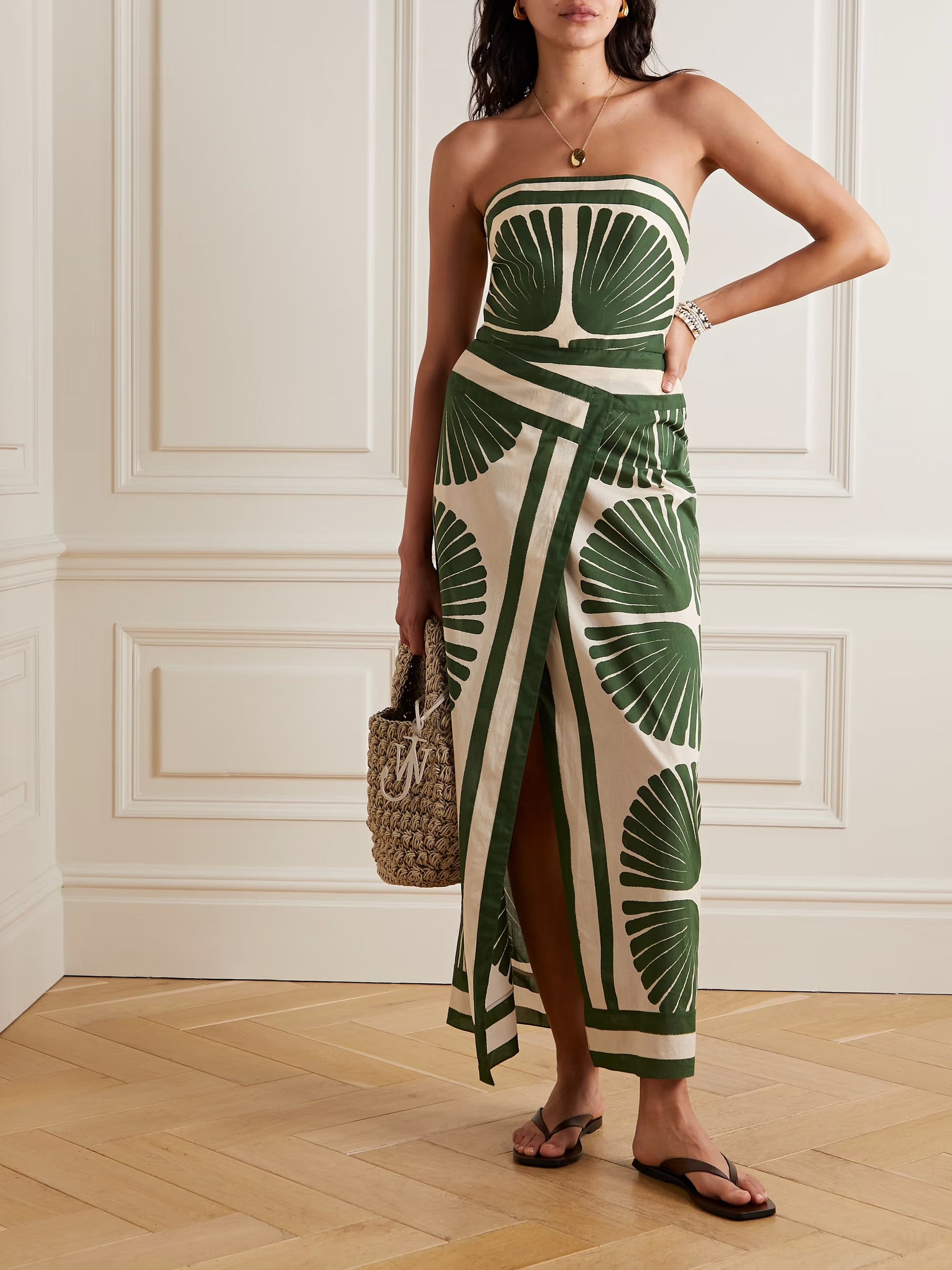 Ancient Peru strapless shirred  printed cotton-voile maxi dress - Green