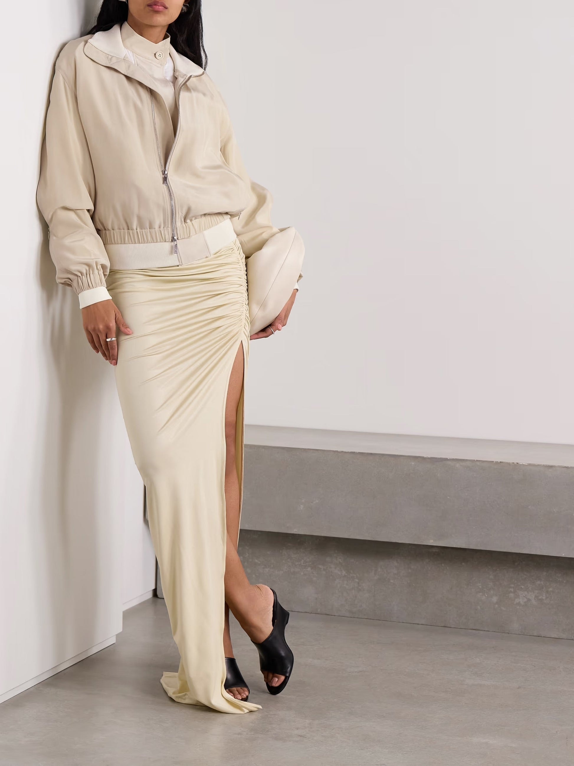 Convertible layered crepe de chine and satin-twill bomber jacket - Tan