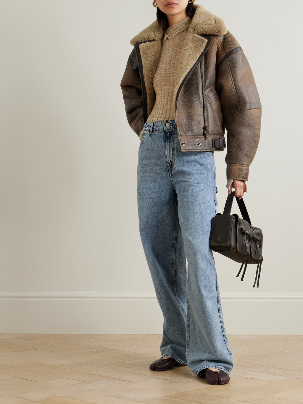 Shearling-trimmed leather jacket - Brown