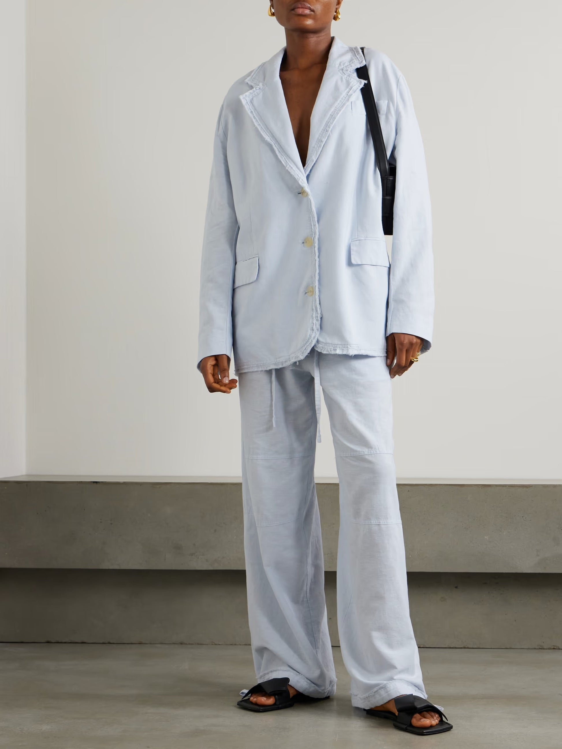 Cotton and linen-blend wide-leg pants - Blue