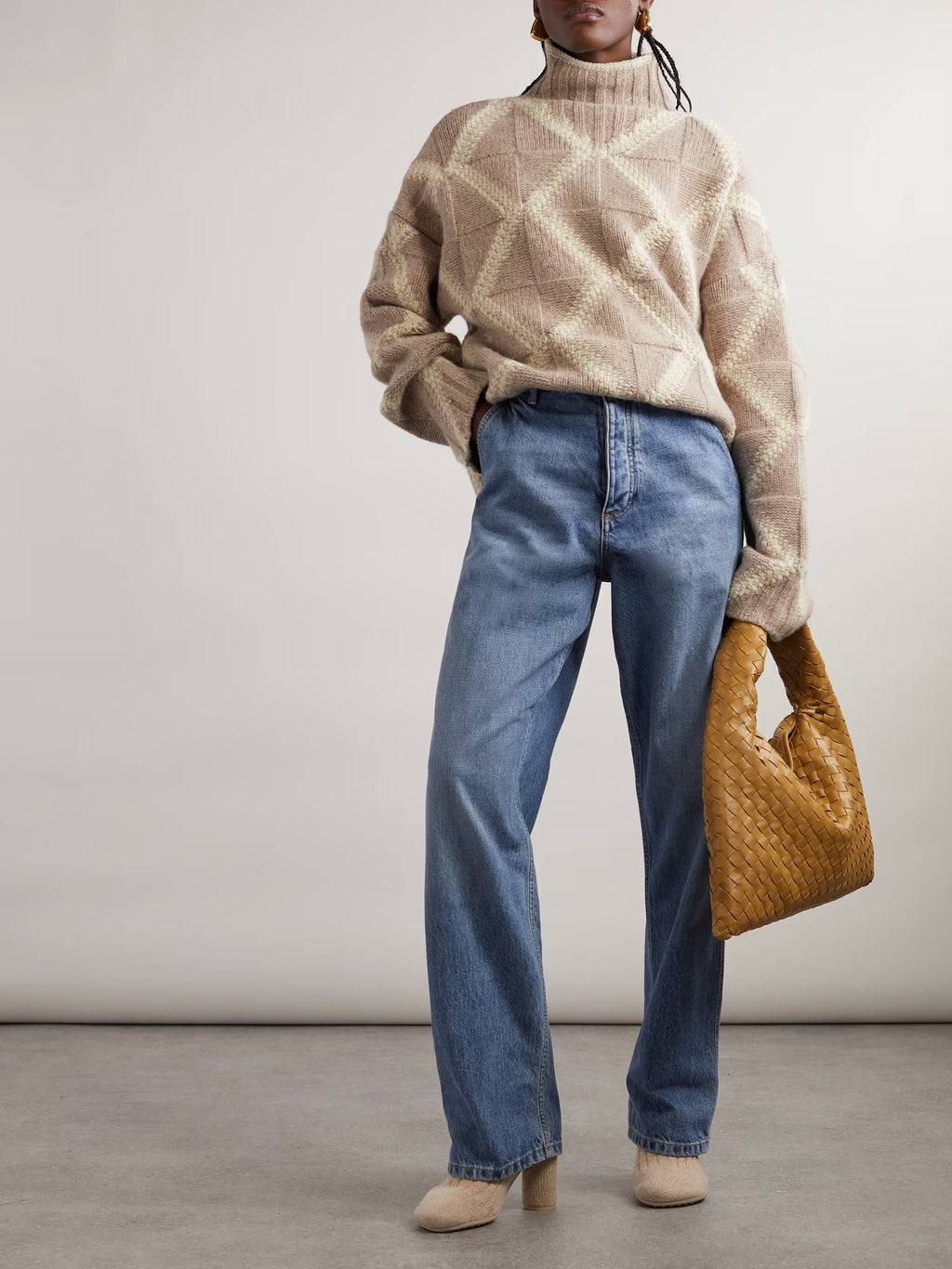 Argyle intarsia-knit wool turtleneck sweater - Beige