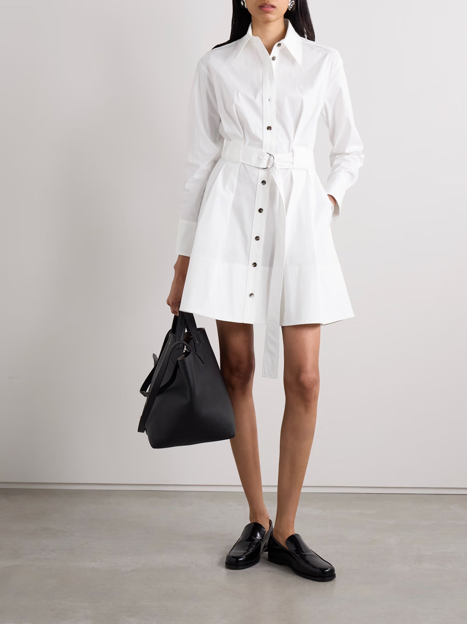 Viola belted pleated cotton-blend poplin mini dress - White