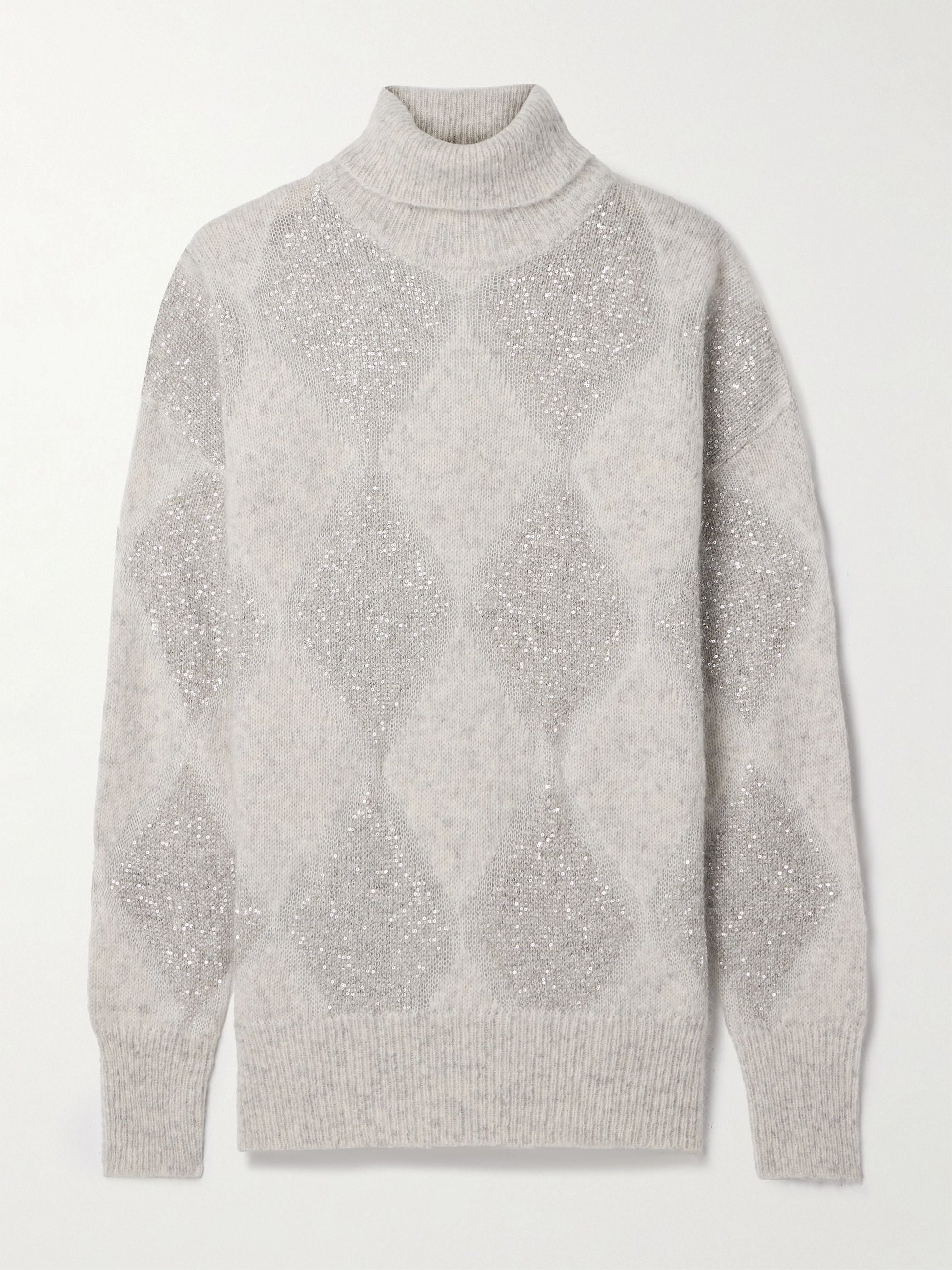 Sequined intarsia argyle wool and mohair-blend turtleneck sweater