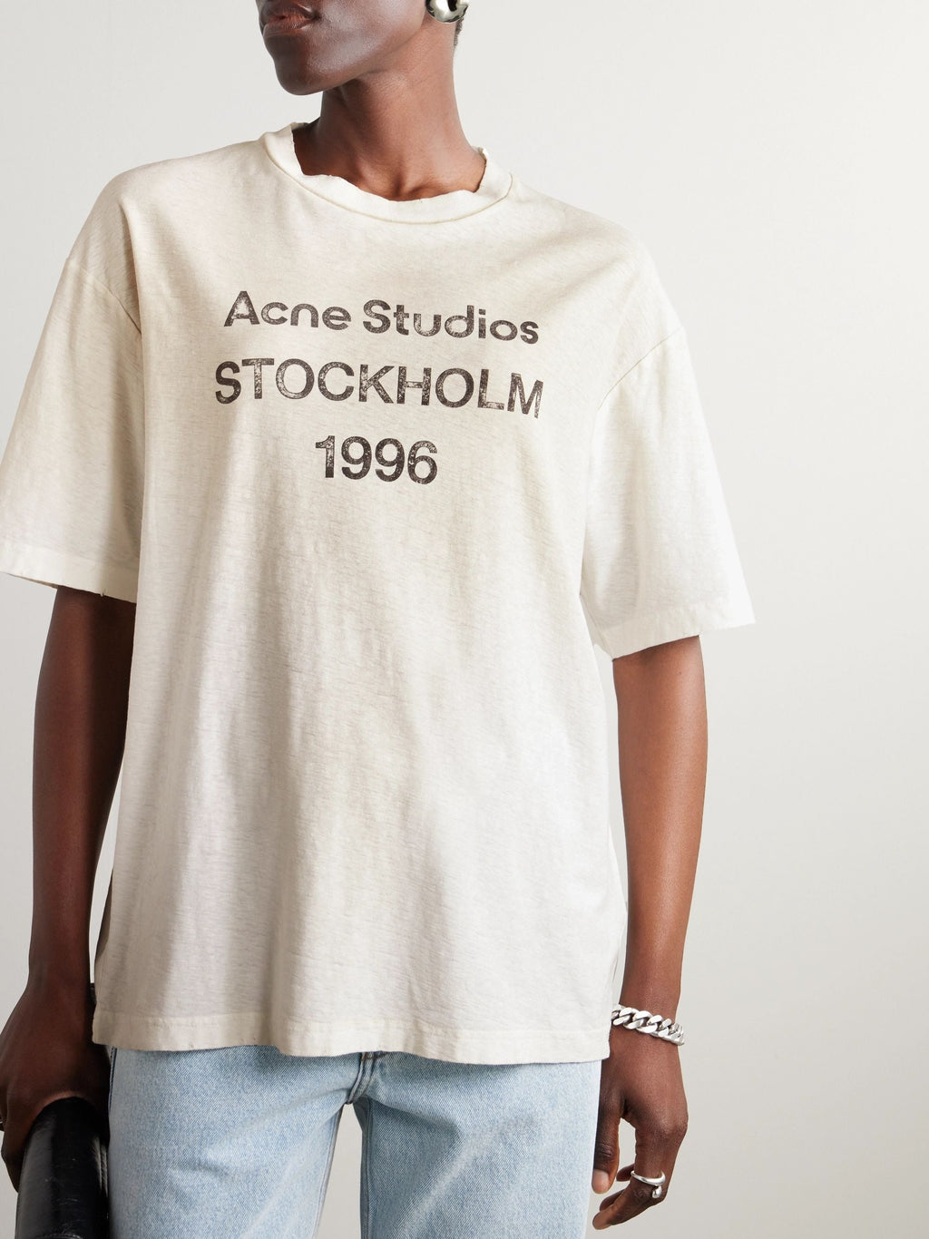 Printed distressed organic cotton-jersey T-shirt