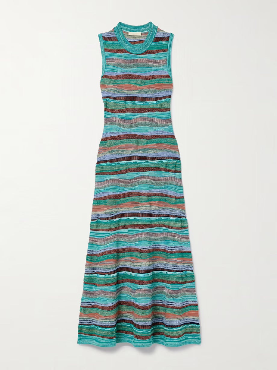 Fauna striped cotton-blend jacquard midi dress - Blue
