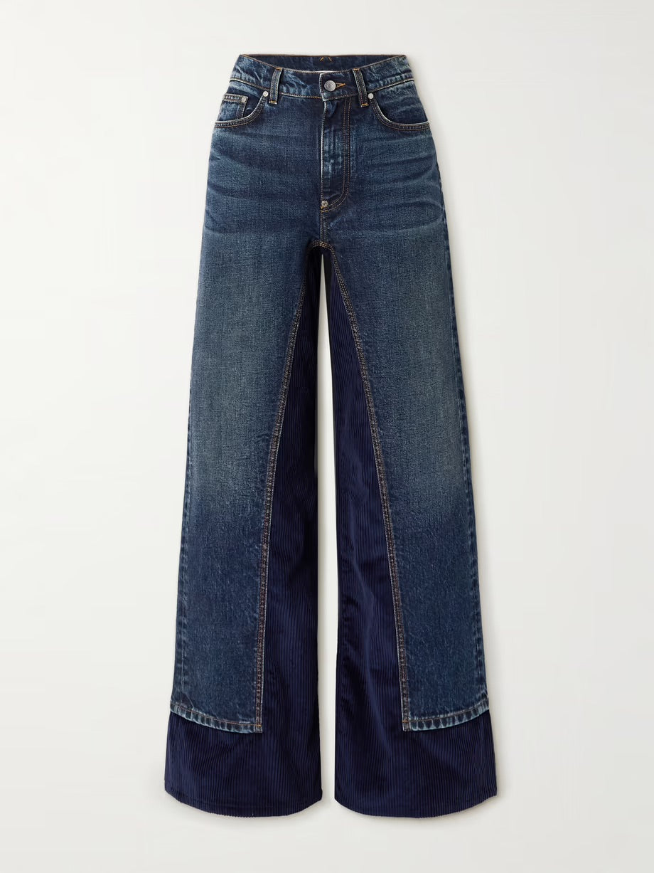 Corduroy trimmed high-rise wide-leg jeans - Navy