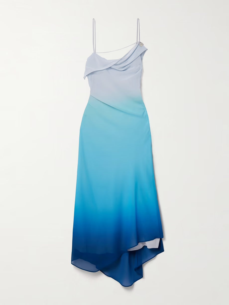Draped asymmetric embellished ombré crepe midi dress - Blue