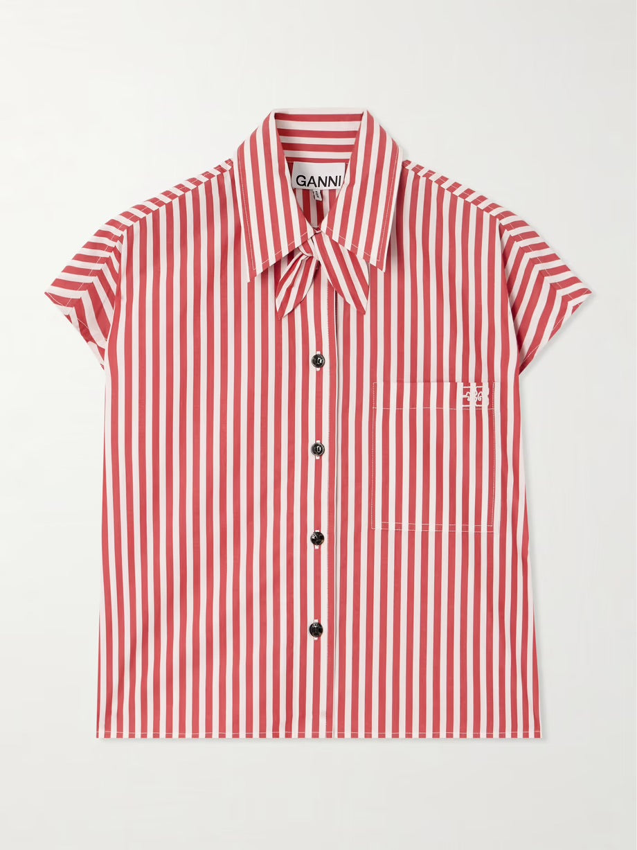 Bow-embellished striped organic cotton-poplin shirt - Red
