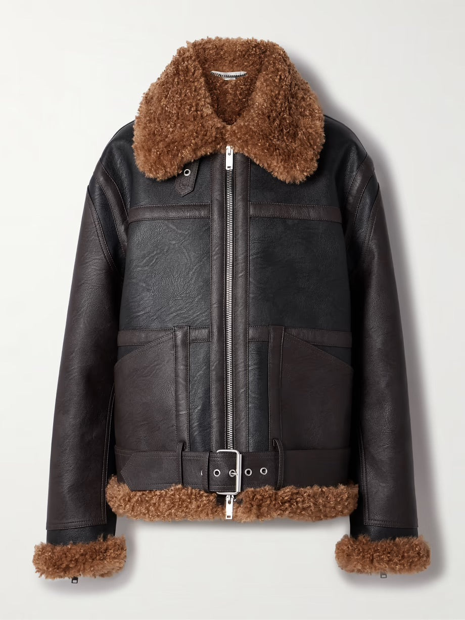 Oversized faux shearling-trimmed two-tone vegan leather jacket - Black