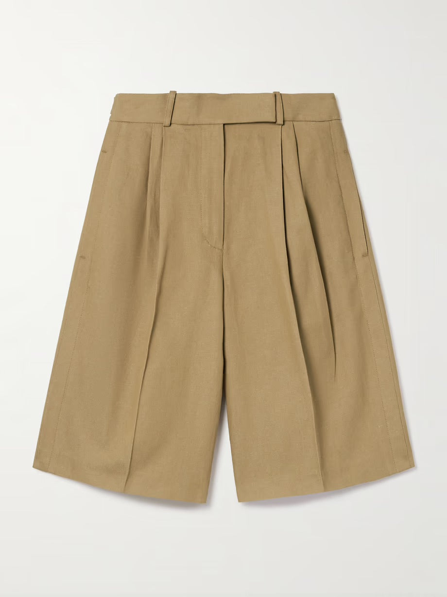 Jenny pleated cotton and linen-blend twill shorts - Beige