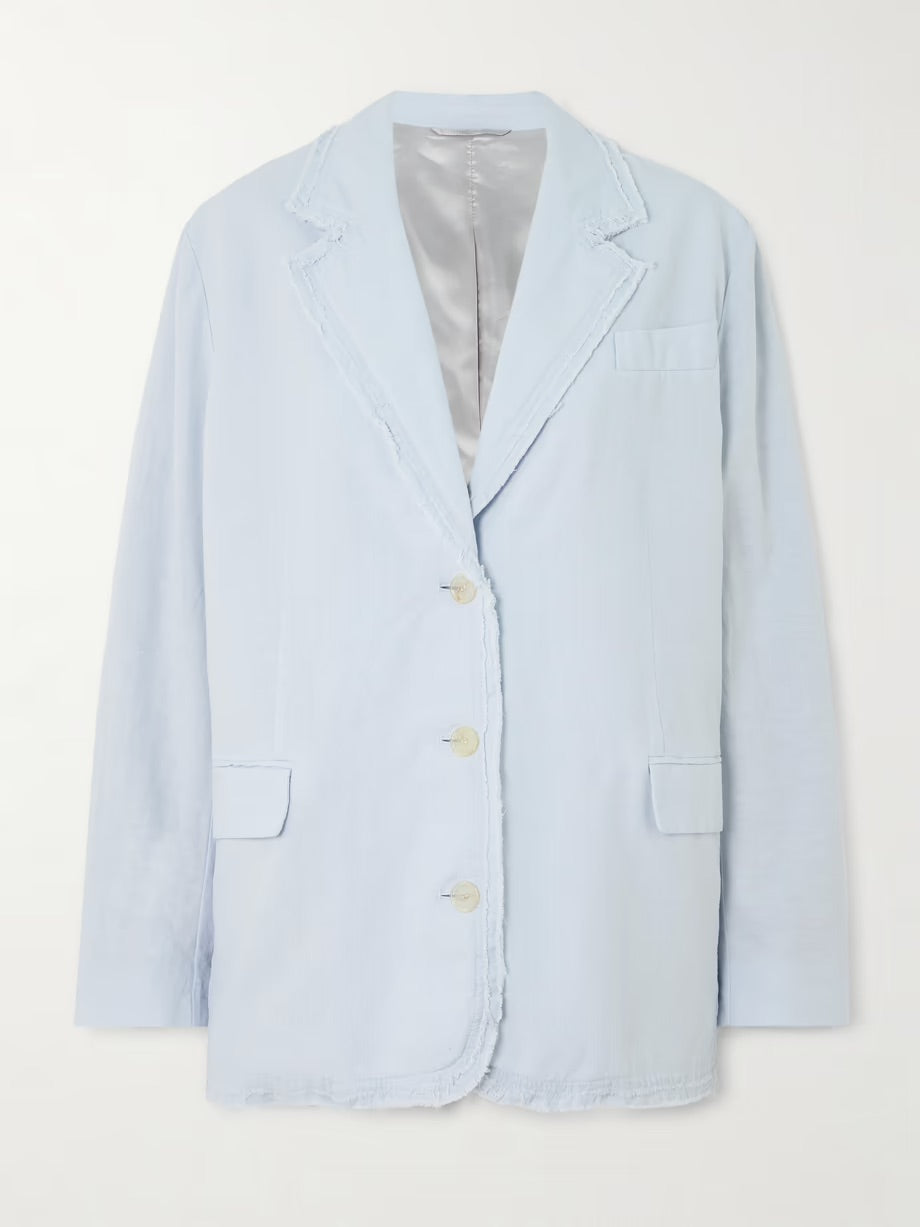 Oversized frayed cotton and linen-blend blazer - Blue