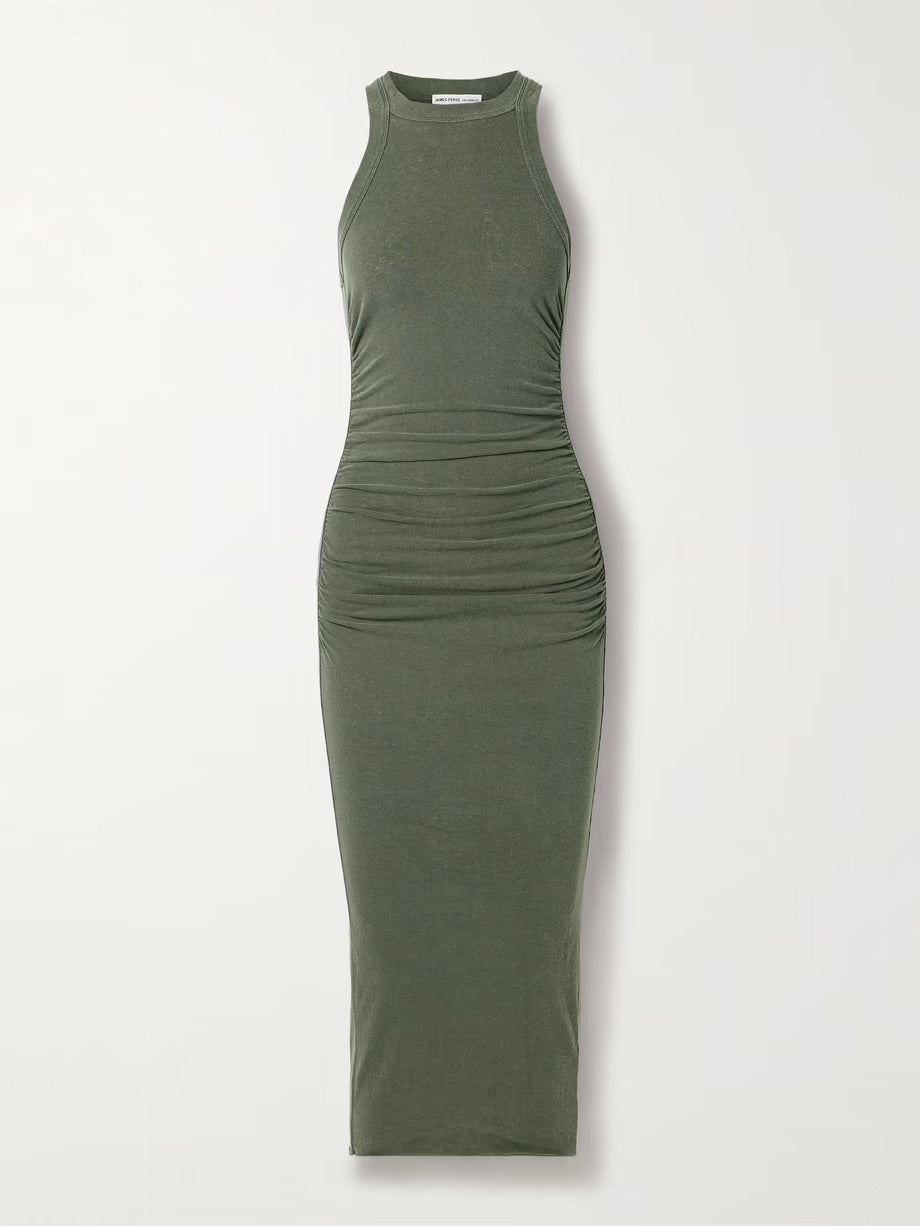 Gathered washed cotton-blend jersey midi dress - Army Green