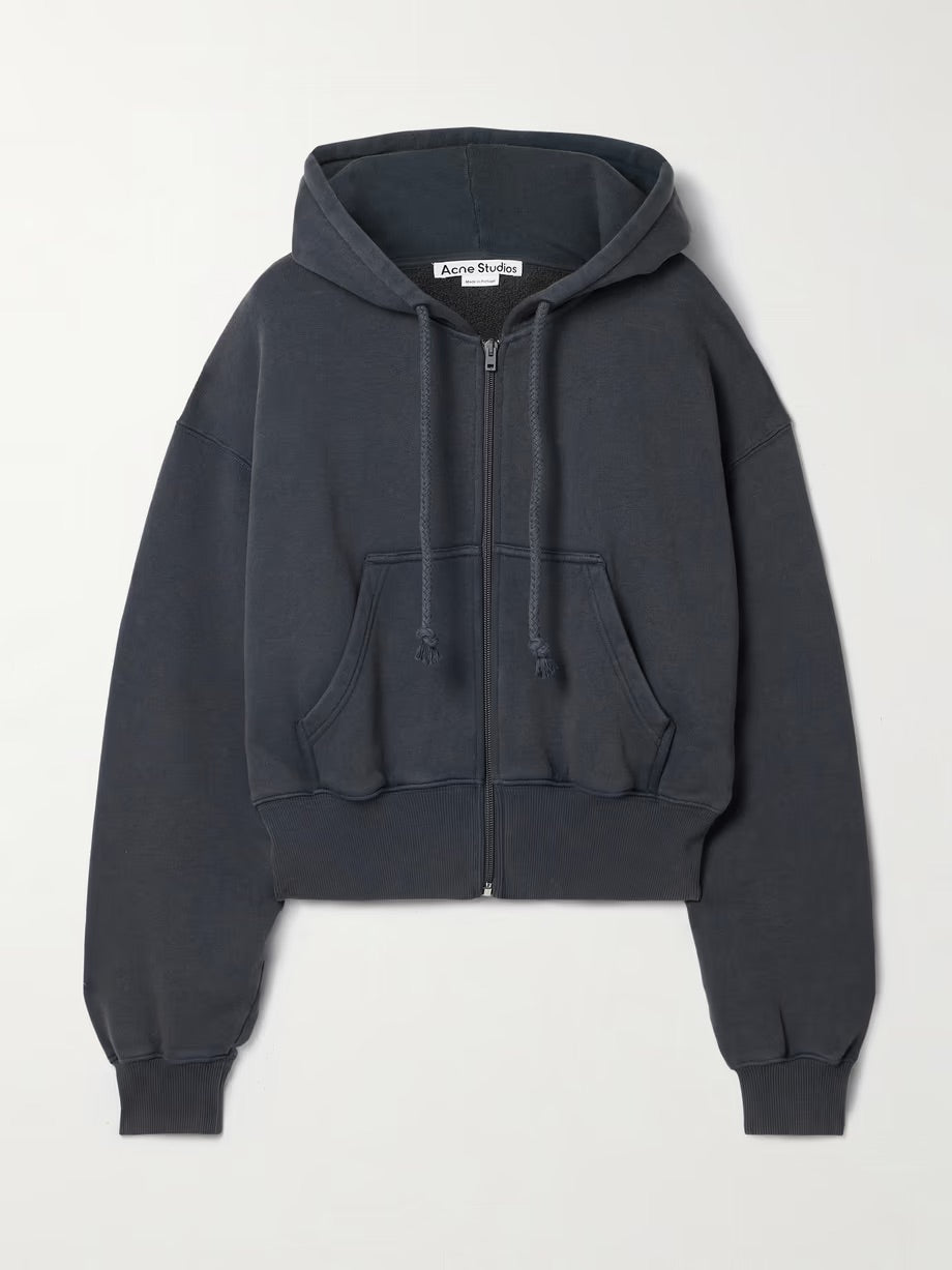 Appliquéd cotton-jersey zip-up hoodie - Charcoal