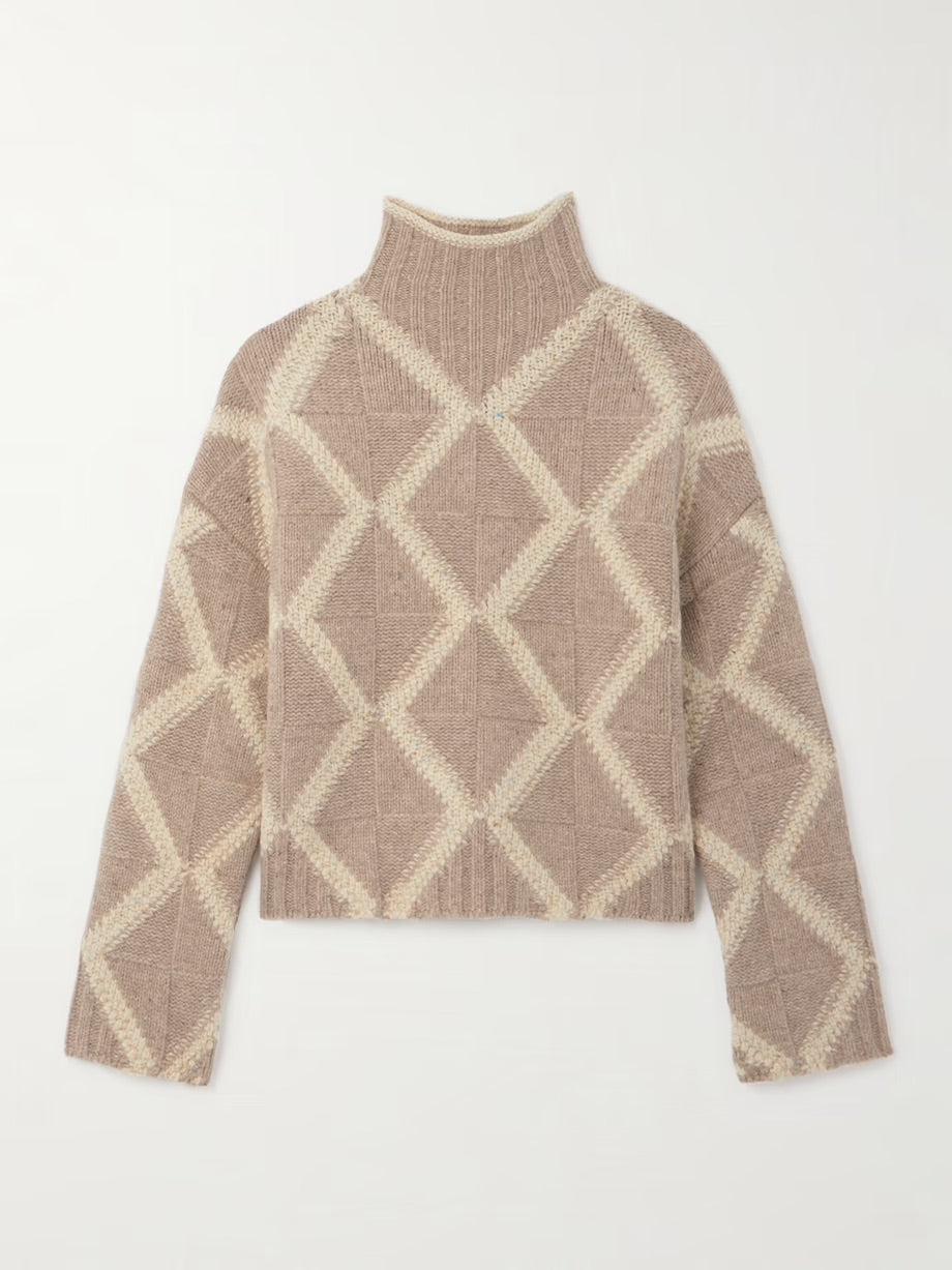 Argyle intarsia-knit wool turtleneck sweater - Beige