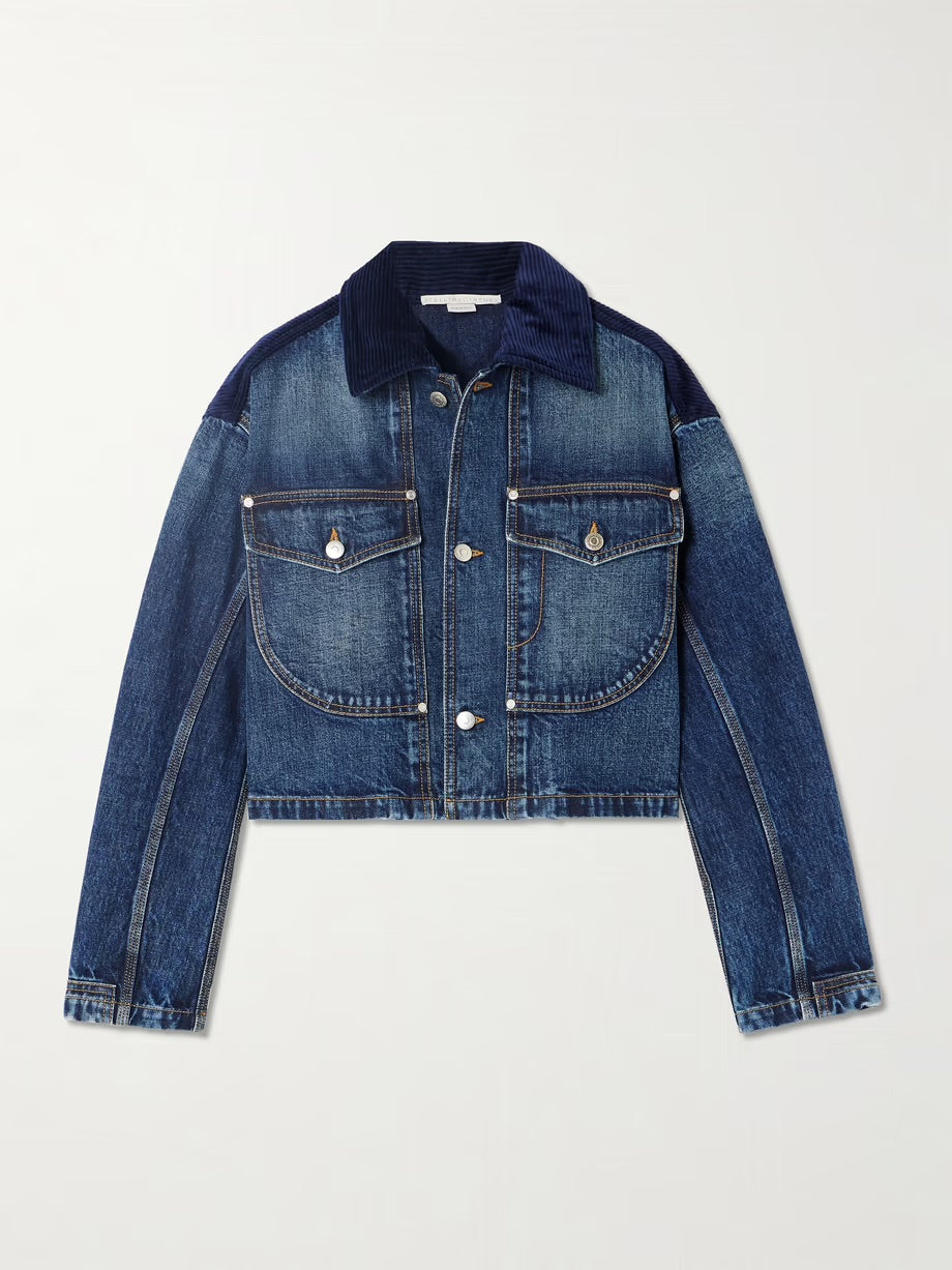 Cropped corduroy-trimmed denim jacket - Blue