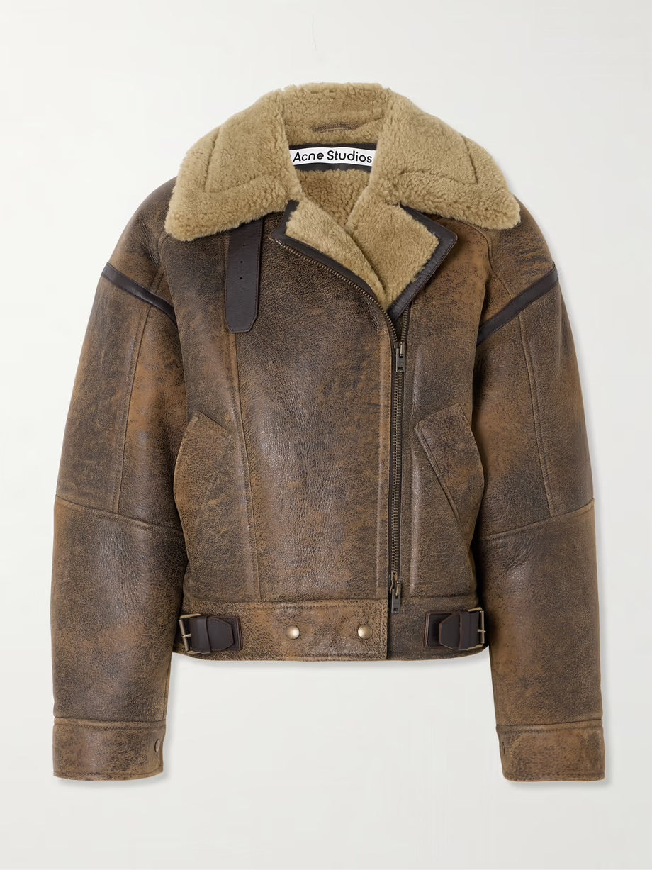 Shearling-trimmed leather jacket - Brown
