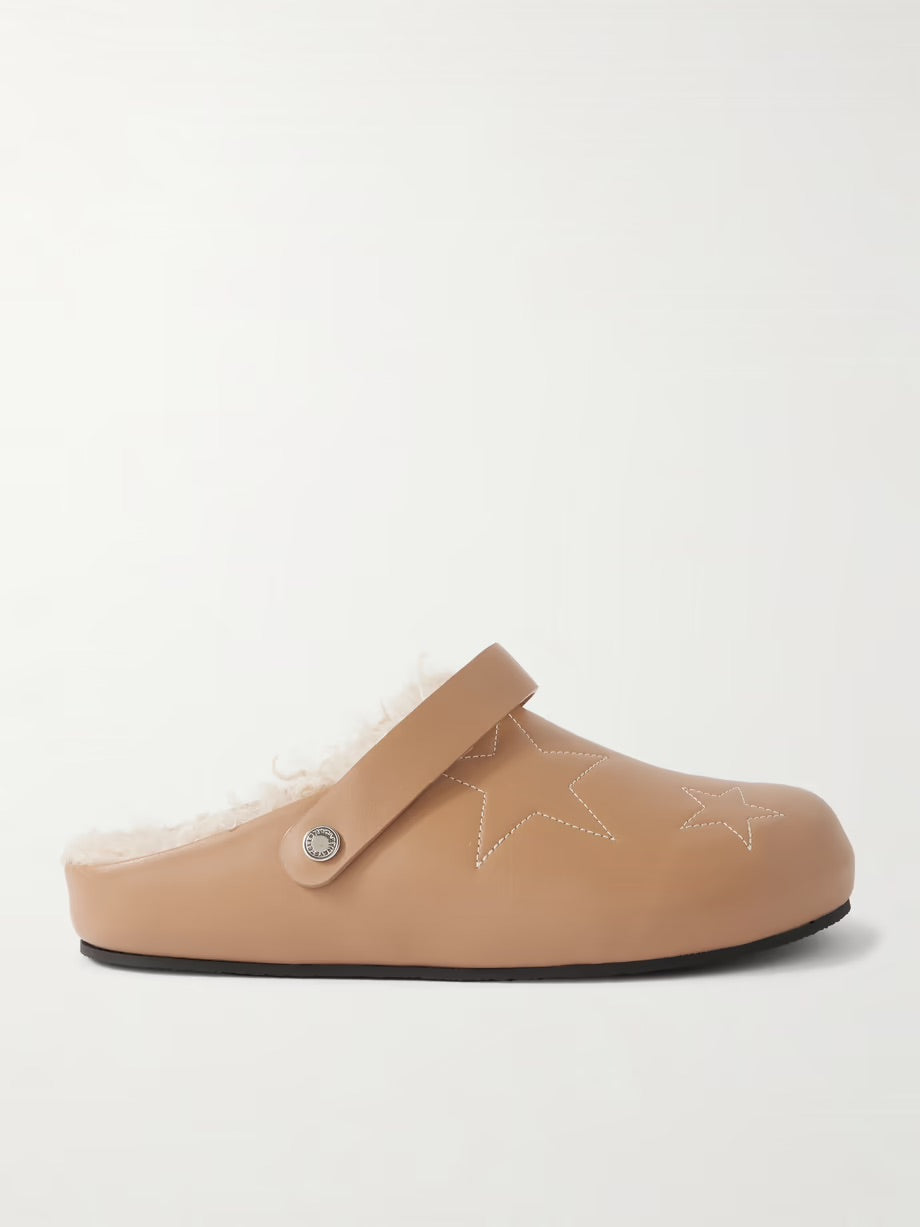 Elyse embroidered faux shearling-lined vegetarian leather mules - Beige