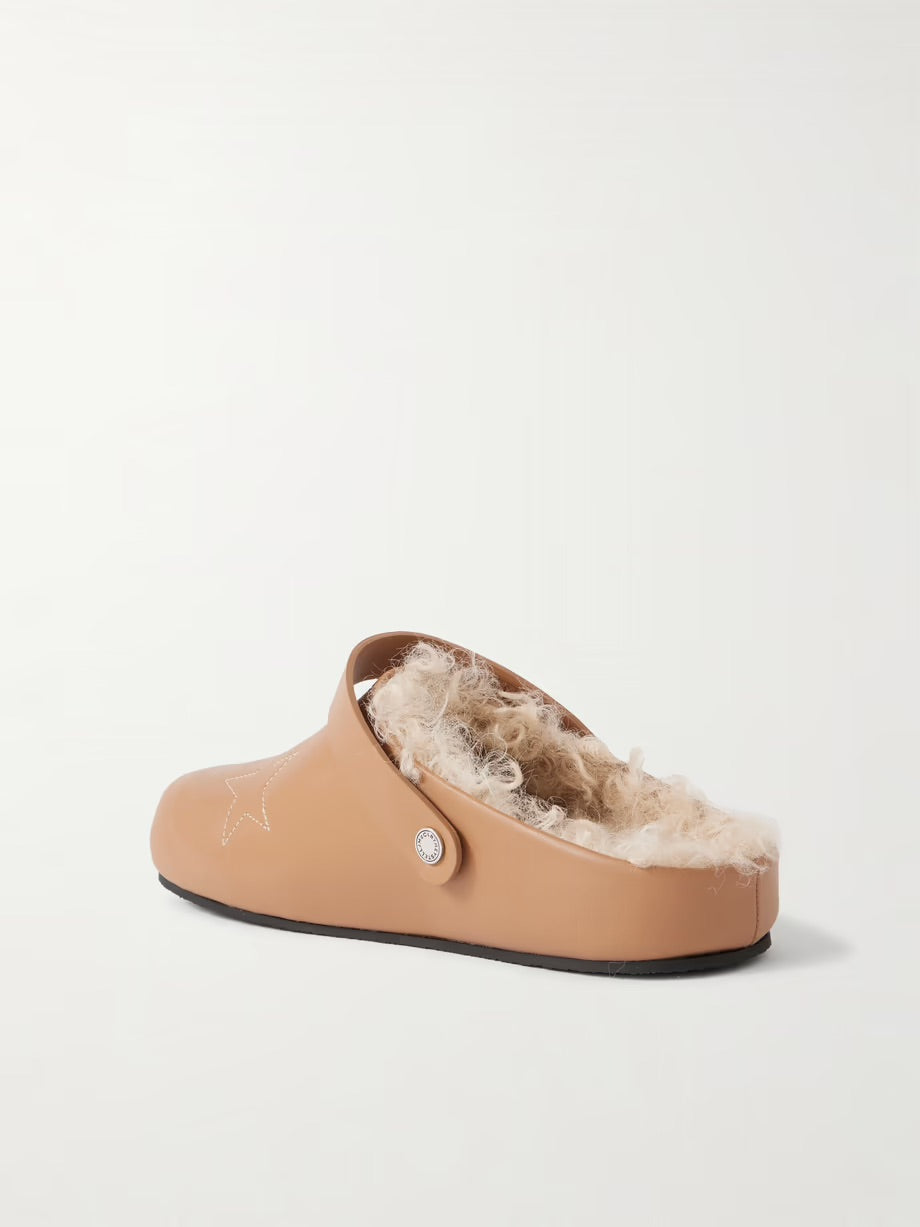 Elyse embroidered faux shearling-lined vegetarian leather mules - Beige