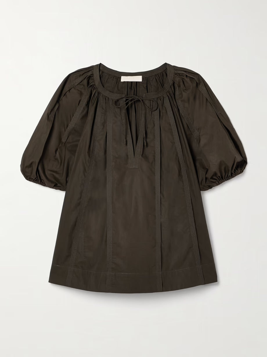 Loli tie-detailed gathered cotton-poplin top - Green