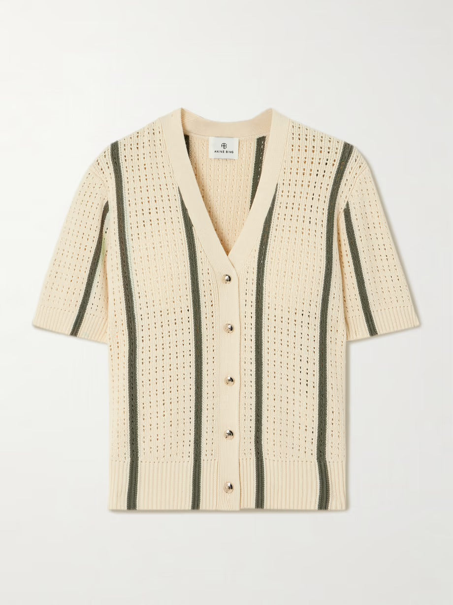 Camryn striped open-knit cotton-blend cardigan - Cream