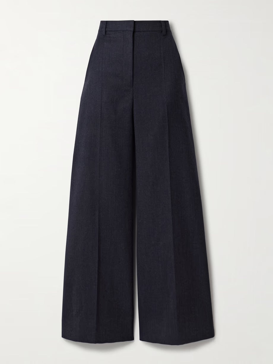 Pleated wool-twill wide-leg pants - Black