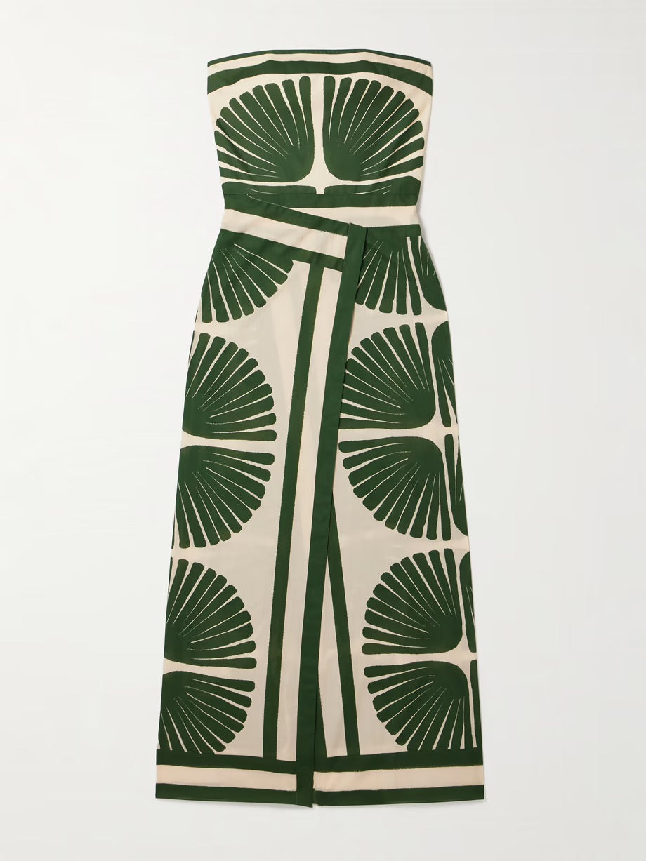 Ancient Peru strapless shirred  printed cotton-voile maxi dress - Green
