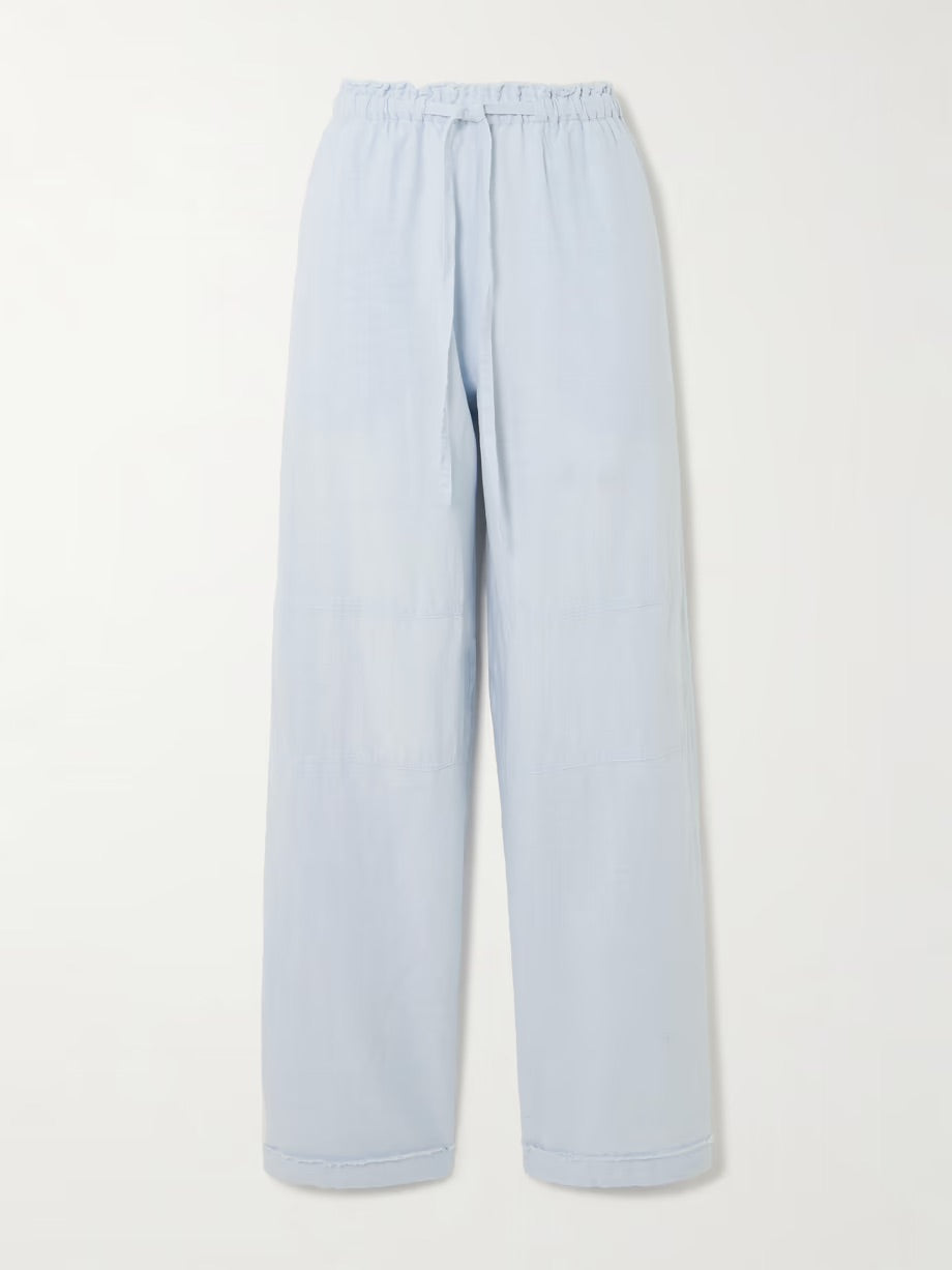 Cotton and linen-blend wide-leg pants - Blue