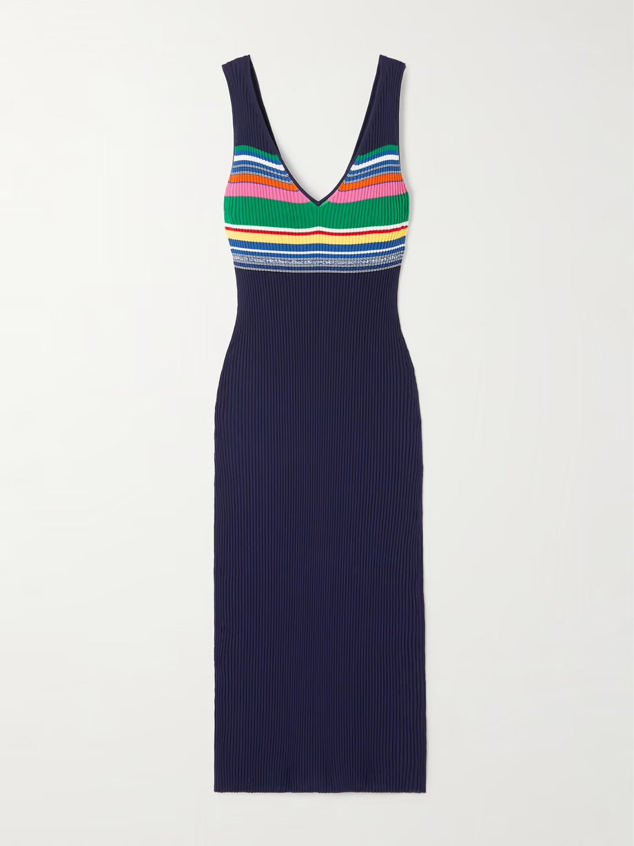 Dana striped ribbed-knit midi dress - Navy