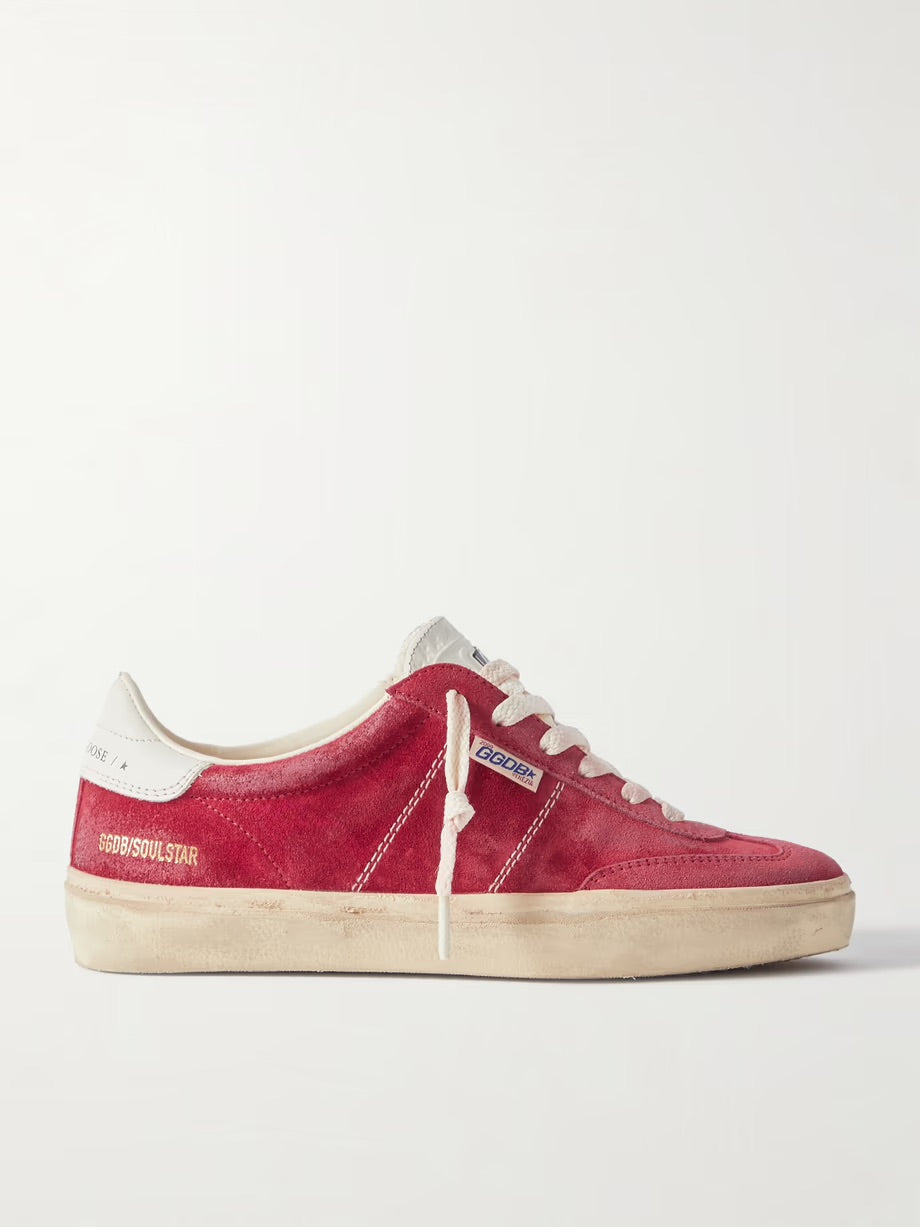 Soul-Star distressed leather-trimmed suede sneakers - Red