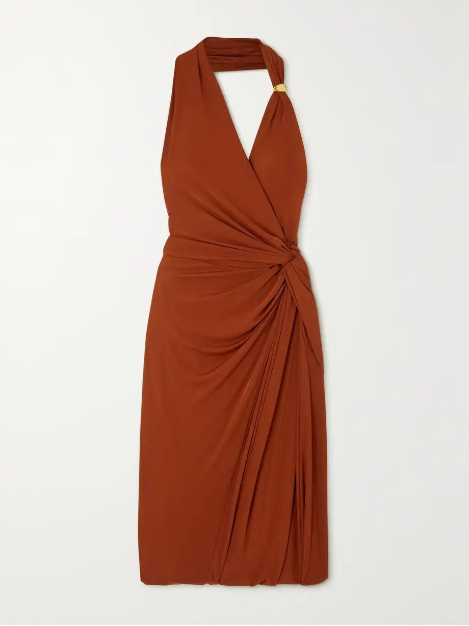 Gathered stretch-jersey halterneck dress - Orange