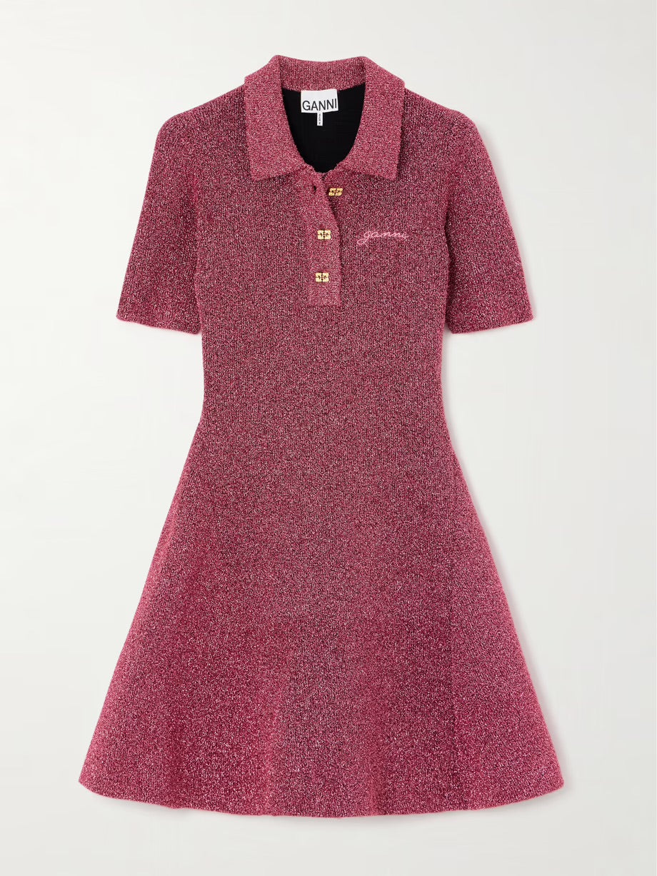 Embroidered metallic-knit mini dress - Pink