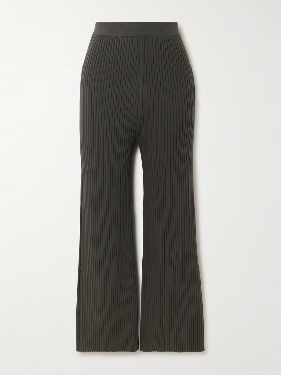 Column ribbed stretch-Pima cotton straight-leg pants - Green