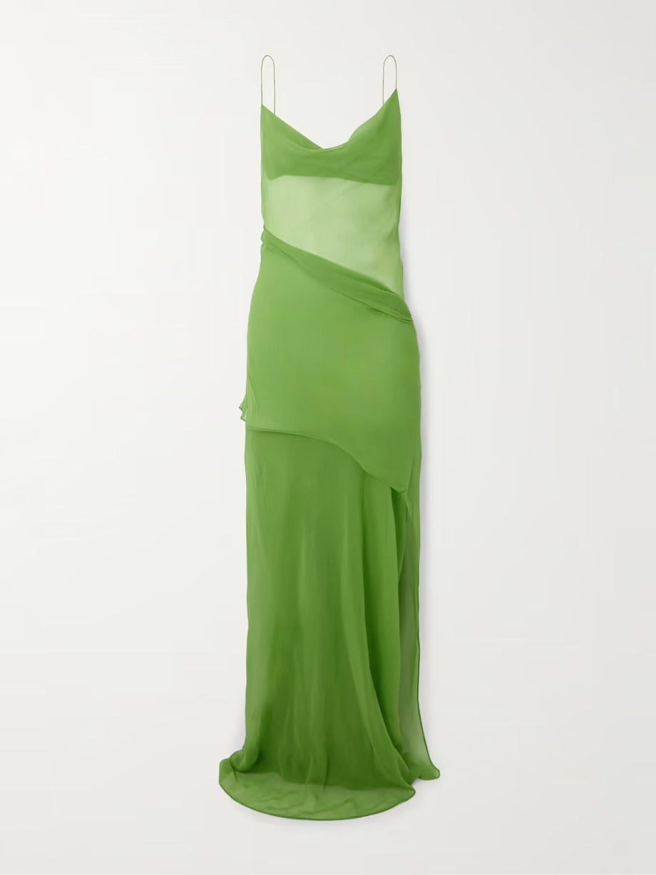 Draped layered silk-georgette maxi dress - Green