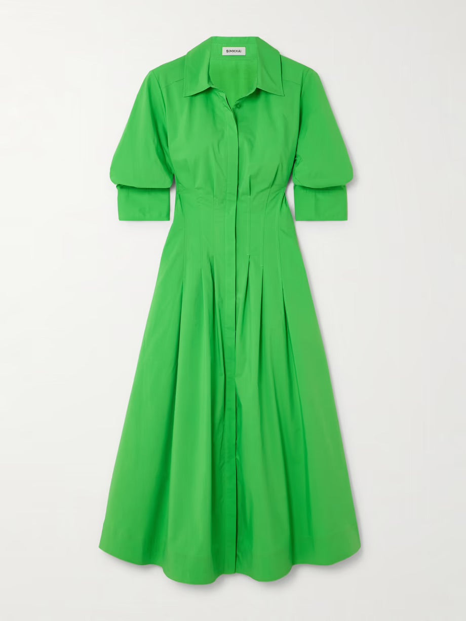 Jazz pleated cotton-blend poplin midi shirt dress - Green